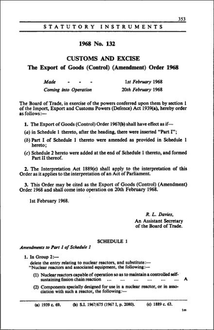 The Export of Goods (Control) (Amendment) Order 1968