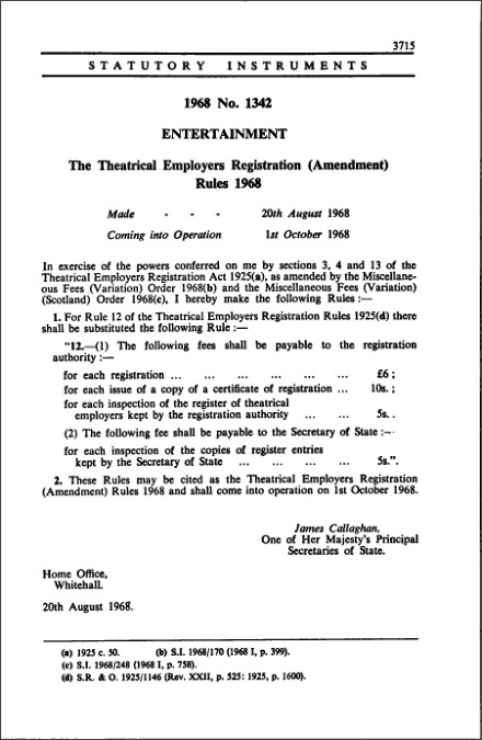 The Theatrical Employers Registration (Amendment) Rules 1968