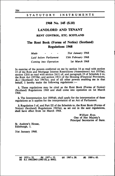 The Rent Book (Forms of Notice) (Scotland) Regulations 1968