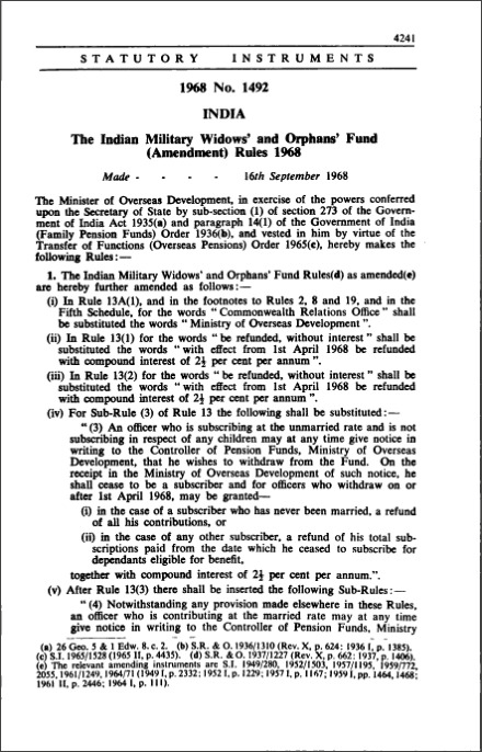 The Indian Military Widows' and Orphans' Fund (Amendment) Rules 1968