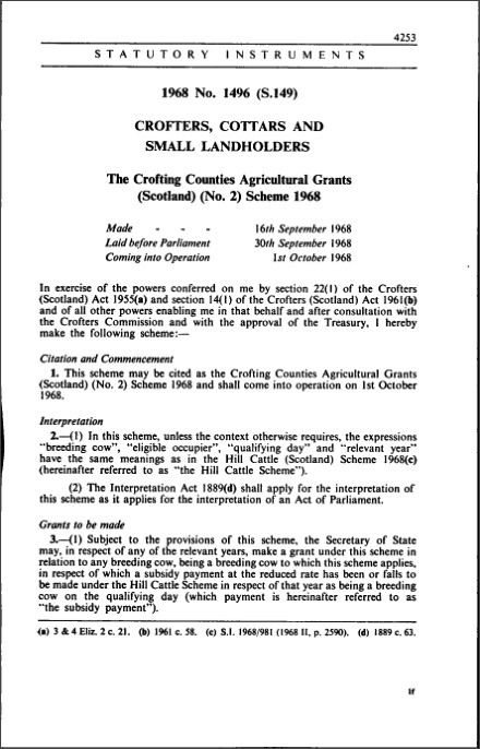 The Crofting Counties Agricultural Grants (scotland) (no. 2) Scheme 1968