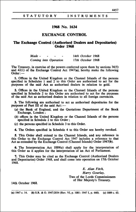 The Exchange Control (Authorised Dealers and Depositaries) Order 1968