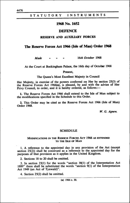 The Reserve Forces Act 1966 (Isle of Man) Order 1968