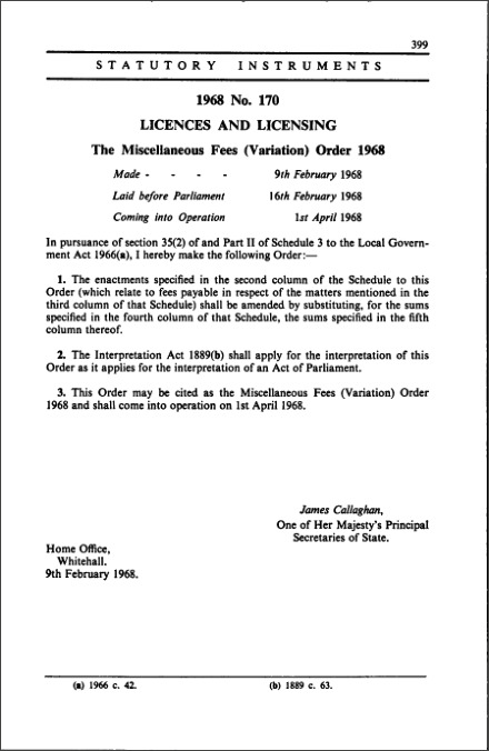 The Miscellaneous Fees (Variation) Order 1968