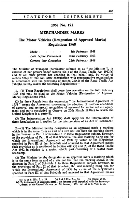 The Motor Vehicles (Designation of Approval Marks) Regulations 1968