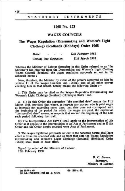 The Wages Regulation (Dressmaking and Women's Light Clothing) (Scotland) (Holidays) Order 1968