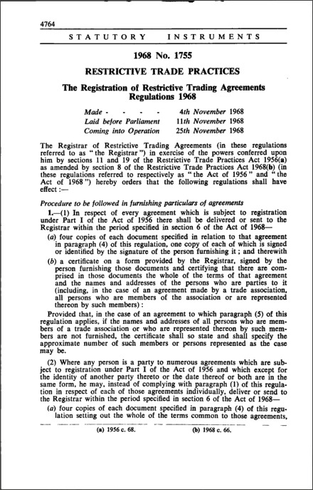 The Registration of Restrictive Trading Agreements Regulations 1968