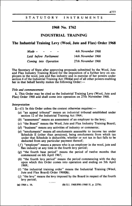 The Industrial Training Levy (Wool, Jute and Flax) Order 1968