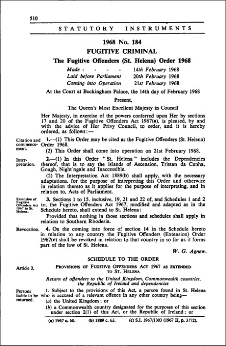 The Fugitive Offenders (St. Helena) Order 1968