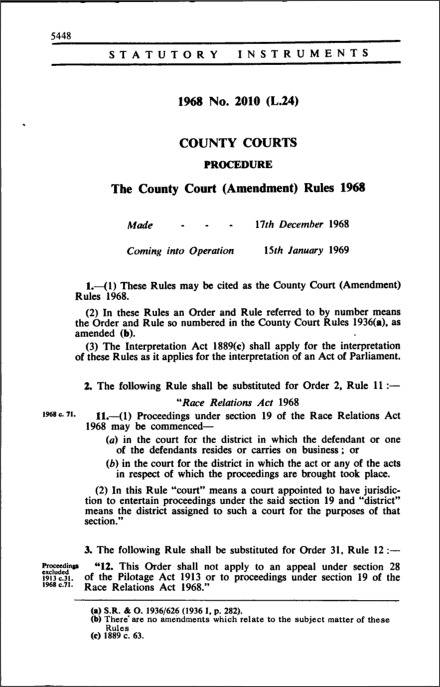 The County Court (Amendment) Rules 1968