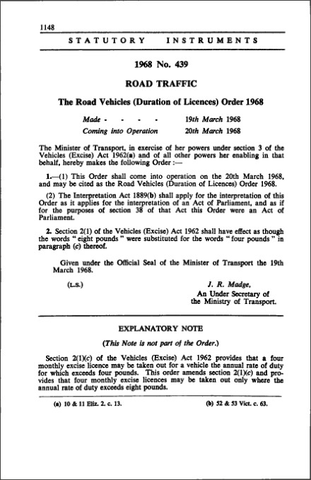 The Road Vehicles (Duration of Licences) Order 1968