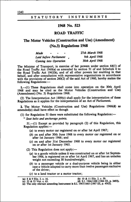 The Motor Vehicles (Construction and Use) (Amendment) (No. 3) Regulations 1968