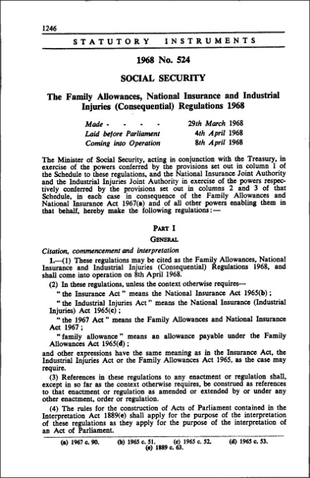 The Family Allowances, National Insurance and Industrial Injuries (Consequential) Regulations 1968