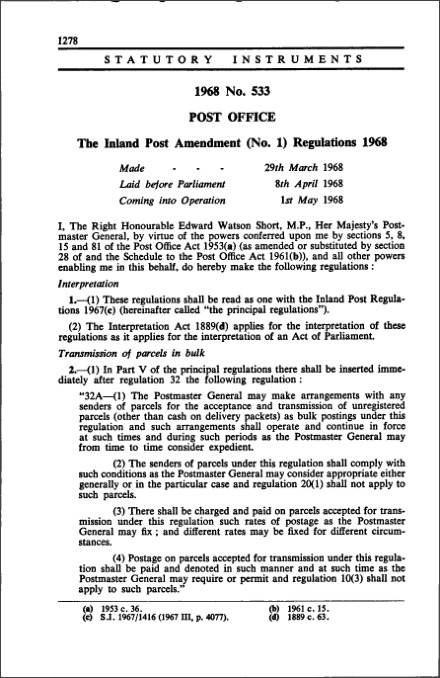 The Inland Post Amendment (No. 1) Regulations 1968