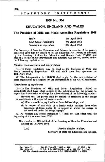 The Provision of Milk and Meals Amending Regulations 1968