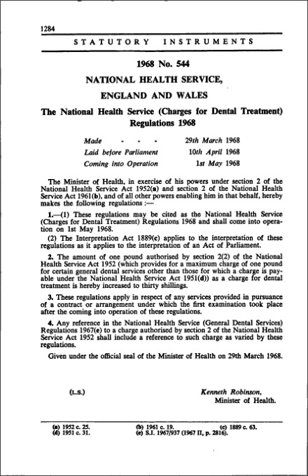 The National Health Service (Charges for Dental Treatment) Regulations 1968