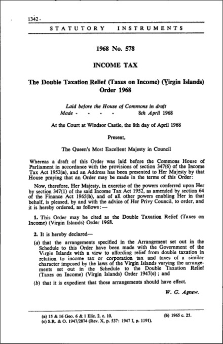 The Double Taxation Relief (Taxes on Income) (Virgin Islands) Order 1968
