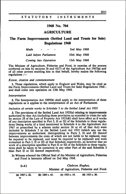 The Farm Improvements (Settled Land and Trusts for Sale) Regulations 1968