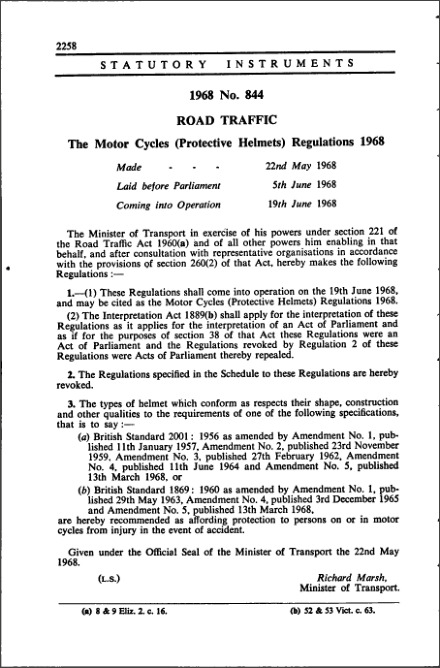 The Motor Cycles (Protective Helmets) Regulations 1968