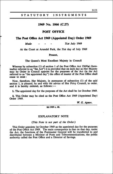 The Post Office Act 1969 (Appointed Day) Order 1969