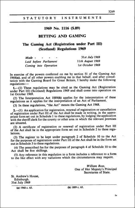 The Gaming Act (Registration under Part III) (Scotland) Regulations 1969