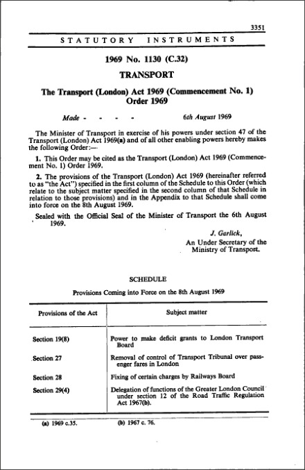 The Transport (London) Act 1969 (Commencement No. 1) Order 1969