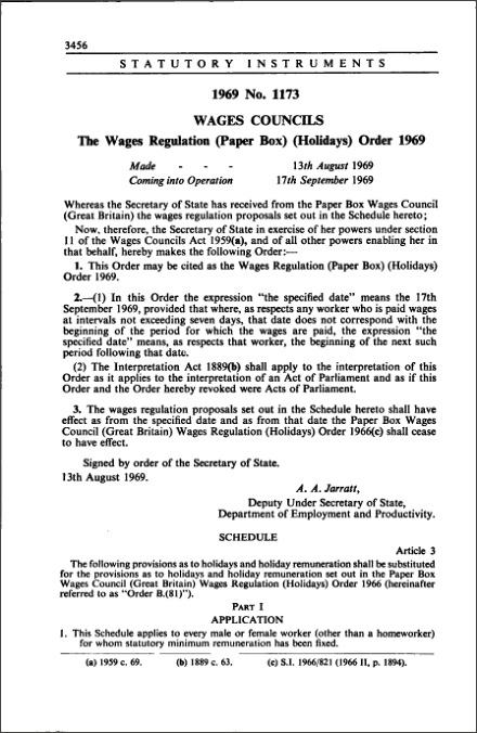 The Wages Regulation (Paper Box) (Holidays) Order 1969