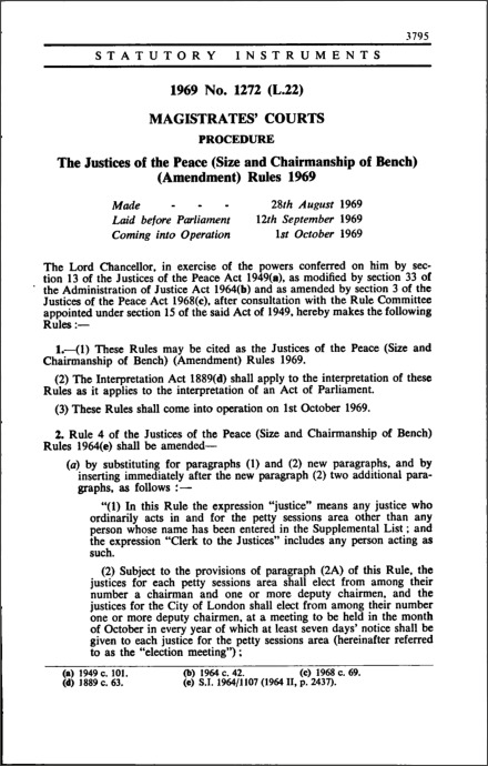 The Justices of the Peace (Size and Chairmanship of Bench) (Amendment) Rules 1969