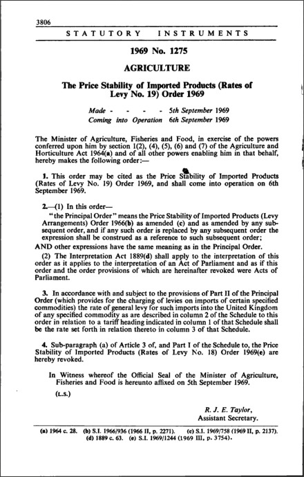 The Price Stability of Imported Products (Rates of Levy No. 19) Order 1969