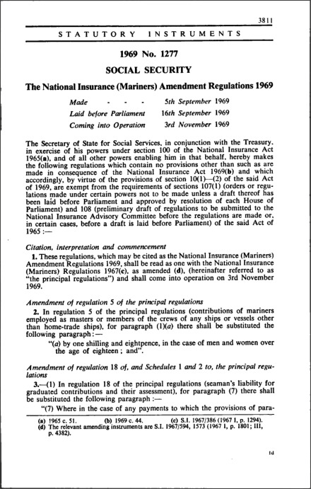 The National Insurance (Mariners) Amendment Regulations 1969
