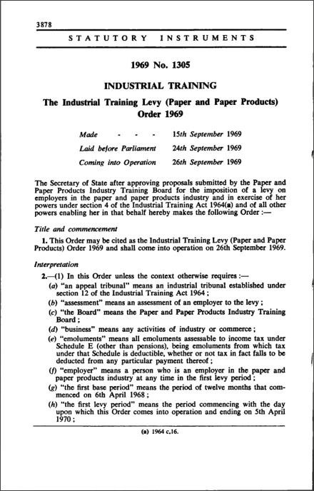 The Industrial Training Levy (Paper and Paper Products) Order 1969