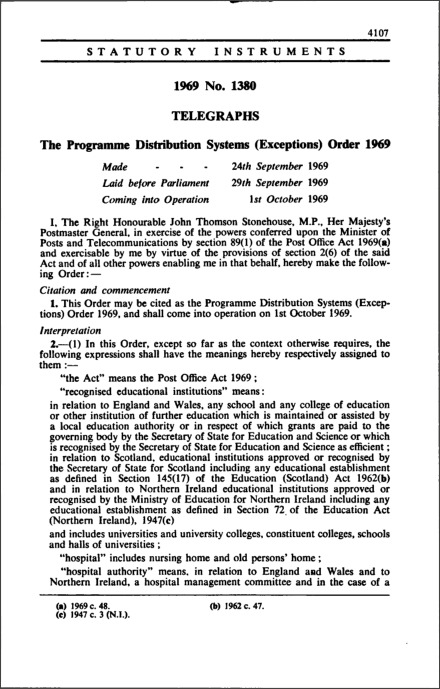 The Programme Distribution Systems (Exceptions) Order 1969