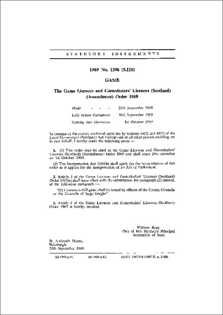 The Game Licences and Gamedealers' Licences (Scotland) (Amendment) Order 1969
