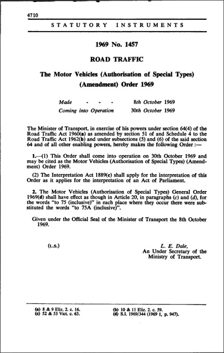 The Motor Vehicles (Authorisation of Special Types) (Amendment) Order 1969