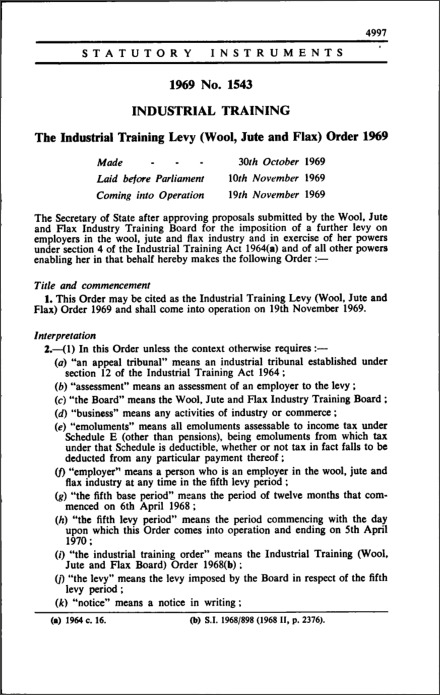 The Industrial Training Levy (Wool, Jute and Flax) Order 1969