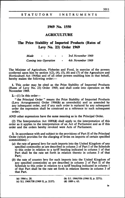 The Price Stability of Imported Products (Rates of Levy No. 23) Order 1969