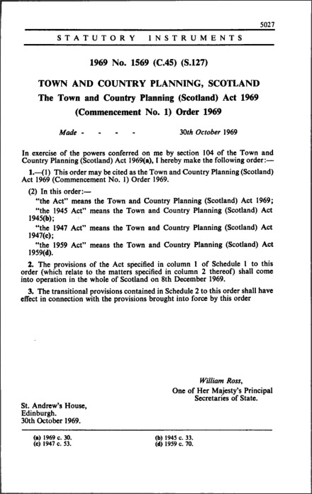 The Town and Country Planning (Scotland) Act 1969 (Commencement No. 1) Order 1969