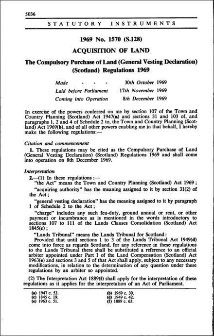 The Compulsory Purchase of Land (General Vesting Declaration) (Scotland) Regulations 1969