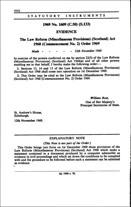 The Law Reform (Miscellaneous Provisions) (Scotland) Act 1968 (Commencement No. 2) Order 1969