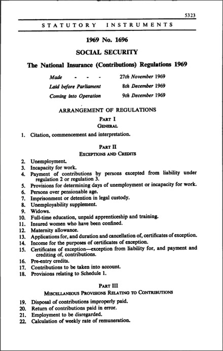 The National Insurance (Contributions) Regulations 1969