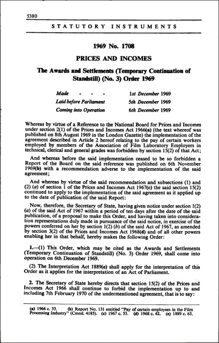 The Awards and Settlements (Temporary Continuation of Standstill) (No. 3) Order 1969