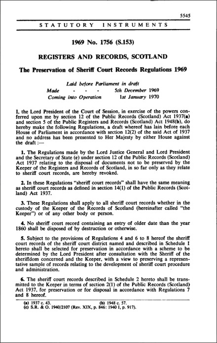 The Preservation of Sheriff Court Records Regulations 1969