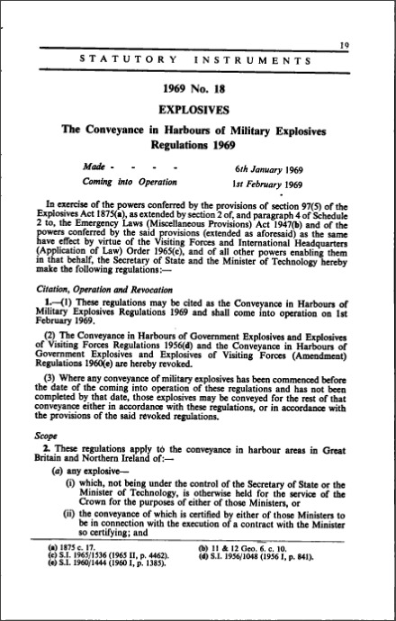 The Conveyance in Harbours of Military Explosives Regulations 1969