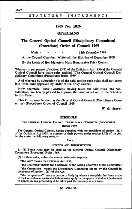 The General Optical Council (Disciplinary Committee) (Procedure) Order of Council 1969