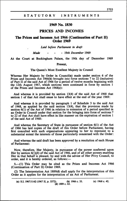 The Prices and Incomes Act 1966 (Continuation of Part II) Order 1969