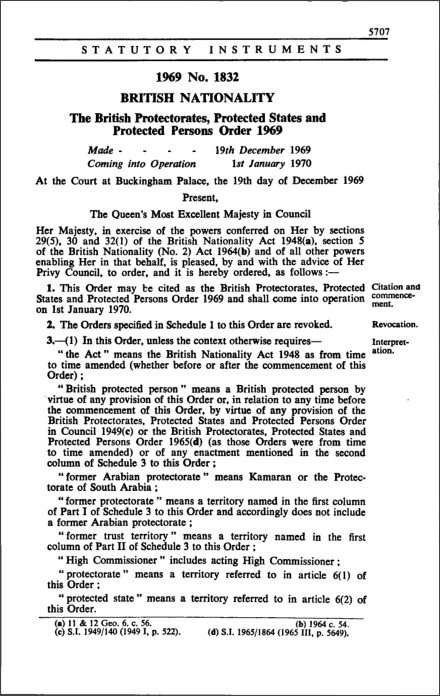 The British Protectorates, Protected States and Protected Persons Order 1969