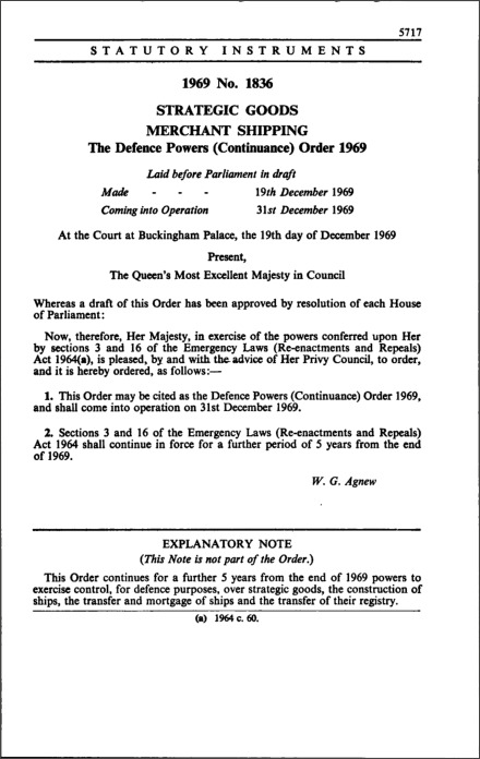 The Defence Powers (Continuance) Order 1969