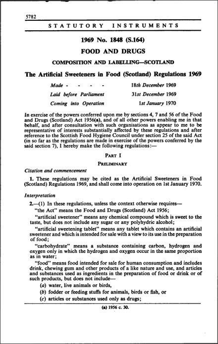 The Artificial Sweeteners in Food (Scotland) Regulations 1969