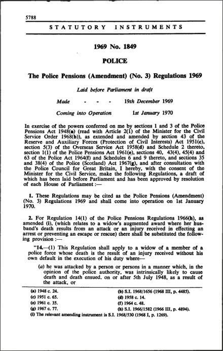 The Police Pensions (Amendment) (No. 3) Regulations 1969