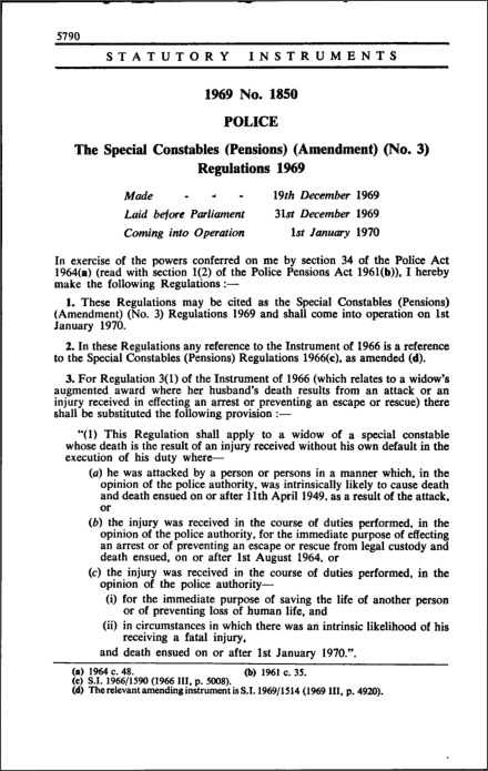 The Special Constables (Pensions) (Amendment) (No. 3) Regulations 1969